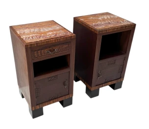 Two Art Deco Nightstands or Bedside Tables with Multi-Colored Marble Tops, 1930s